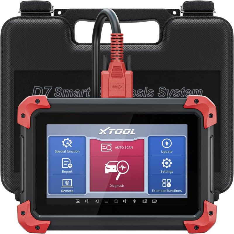 XTOOL D7 connected via red cable displaying diagnostic options on screen