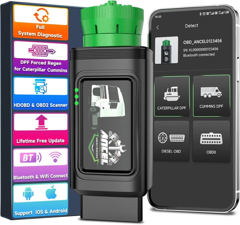 ANCEL OBD2 scanner paired with a smartphone via Bluetooth, offering comprehensive system diagnostics and DPF regeneration for Caterpillar and Cummins engines