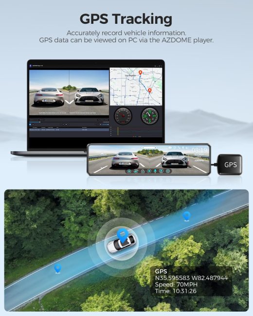 Azdome dash cam interface showing GPS tracking data on AZDOME player with route map and vehicle speed