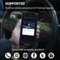 Hands holding a smartphone with the BlueDriver OBD scanner app open in a car, showing vehicle reports for a 2006 Dodge and technical support channels.