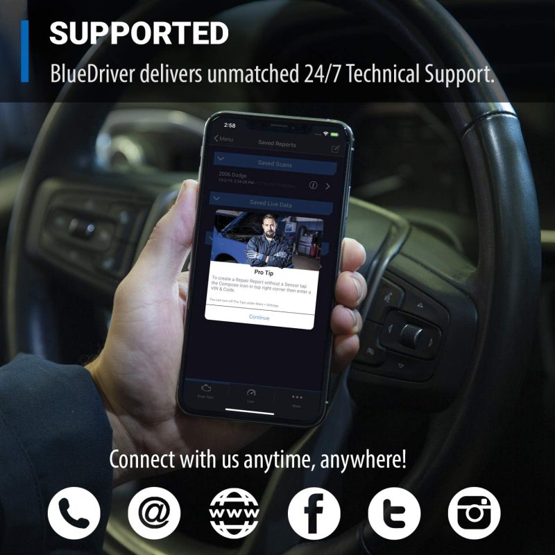 Hands holding a smartphone with the BlueDriver OBD scanner app open in a car, showing vehicle reports for a 2006 Dodge and technical support channels.