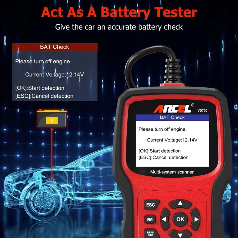 ANCEL VD700 device displaying battery check screen with instructions and car illustration