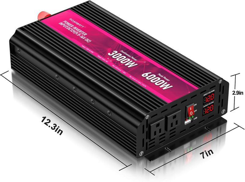 ROARBATT 3000-watt 12 voltage inverter with 6000W peak power, showing digital display, dual AC outlets and USB port