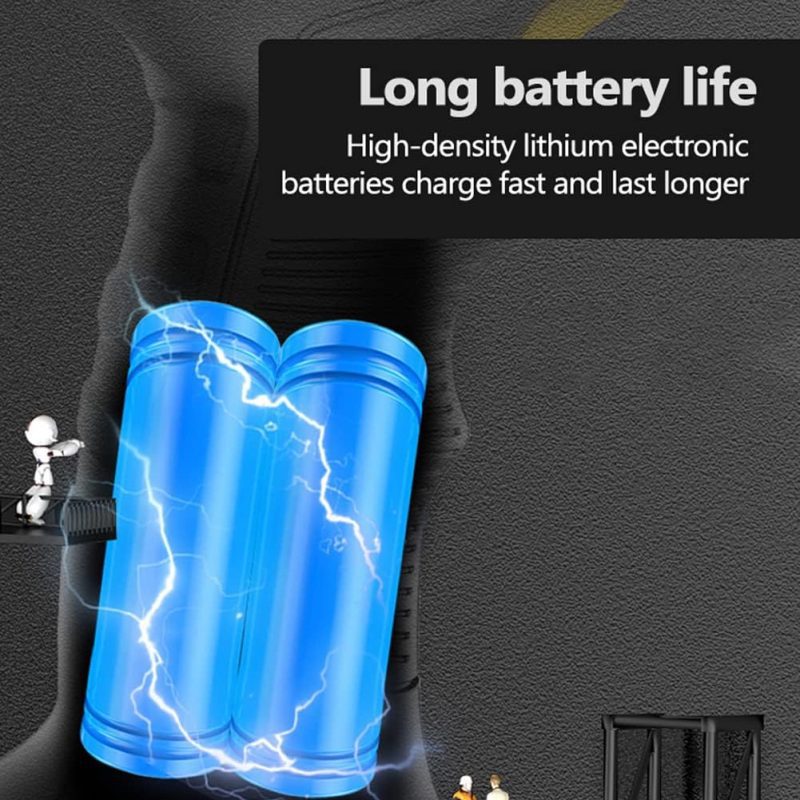 Graphic illustration of high-density lithium batteries powering a cordless tire inflator, showcasing energy and lightning effects