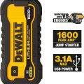 DeWalt 1600A peak lithium jump starter for V8 engines with dual USB ports