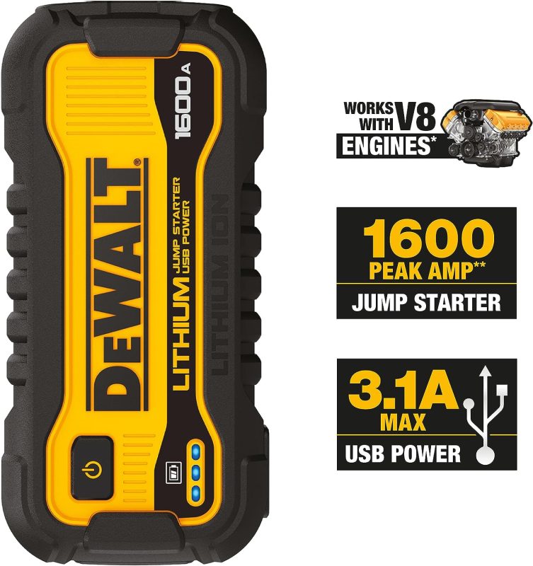 DeWalt lithium jump starter 1600A peak for V8 engines and dual USB ports