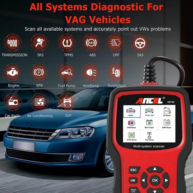 ANCEL VD700 scanner displayed with various system diagnostic icons and a background image of a car, suitable for diagnosing VAG group vehicles.