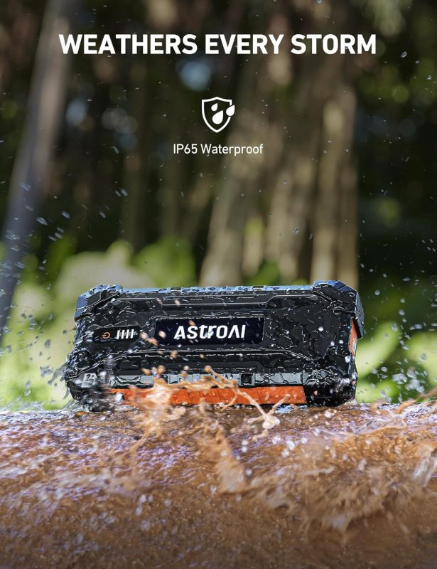 AstroAI rugged device being tested with water splash, showcasing IP65 waterproof rating