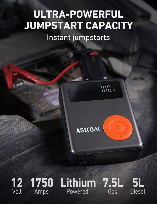 AstroAI portable jump starter with 1750 amps capacity, suitable for 7.5L gas and 5L diesel engines