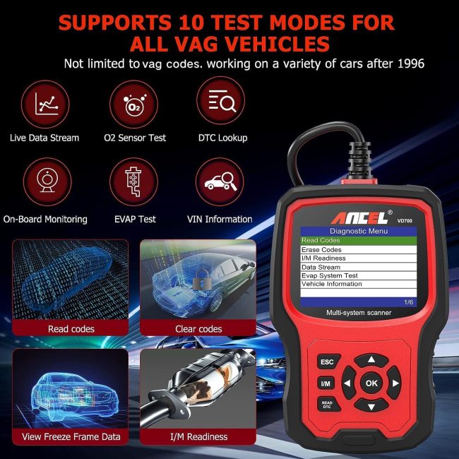 ANCEL VD700 Diagnostic Scanner Displaying Features for VAG Cars Including Live Data, VIN, and EVAP Tests