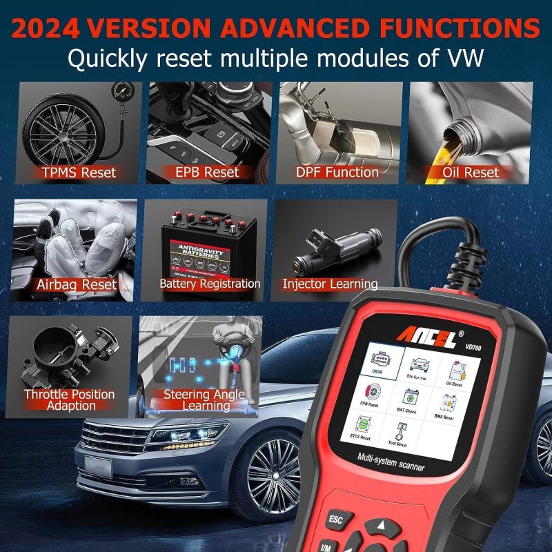 ANCEL VD700 scanner demonstrating diagnostic tools with functions for VW cars, including TPMS, EPB, DPF, and more