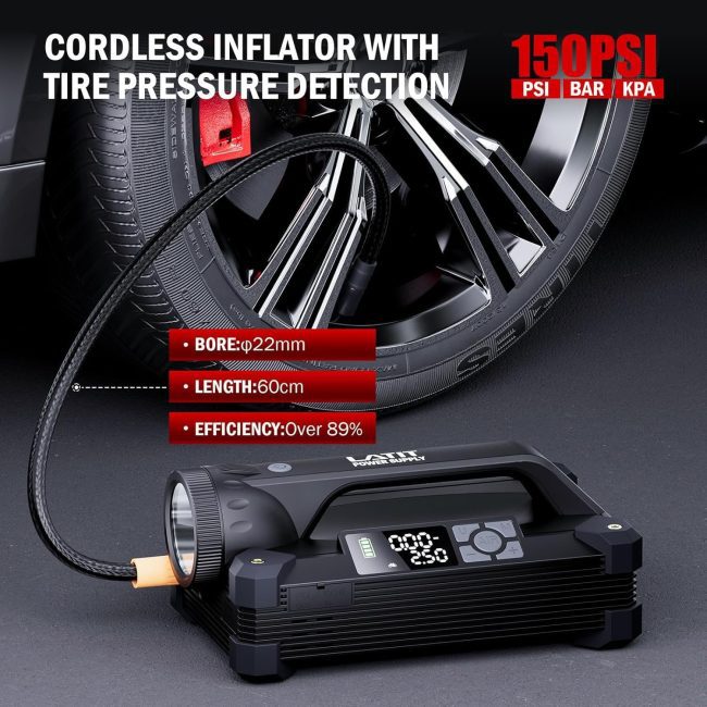 Cordless inflator connected to a car tire, showing a digital display indicating tire pressure