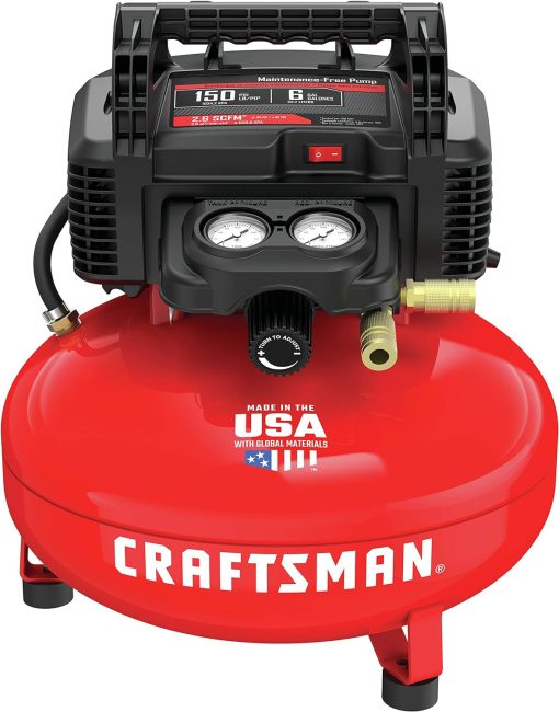 Red Craftsman air compressor, 6-gallon 150 PSI, optimal for car detailing and maintenance tasks