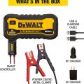 Contents of the DeWalt 1600A jump starter kit including smart controller, metal clamps, USB-A, and DC chargers