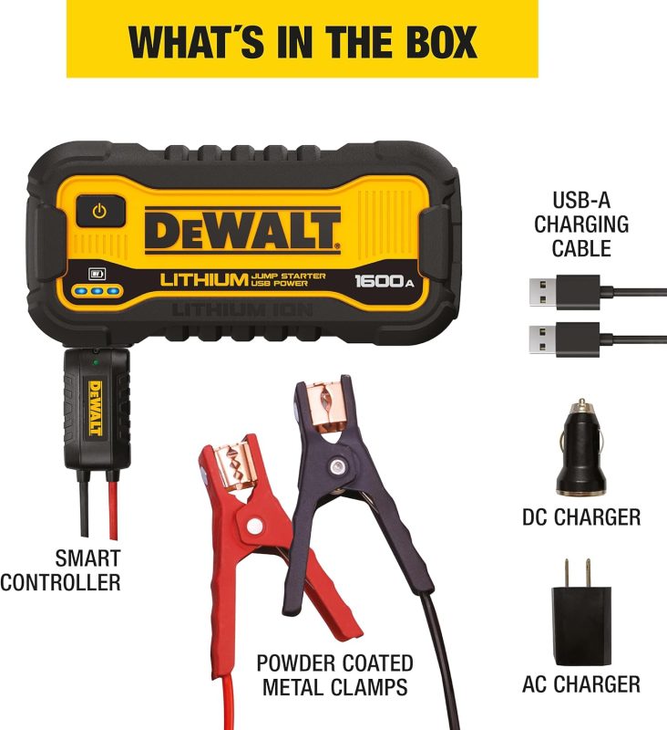 DeWalt Lithium Jump Starter kit contents including 1600A jump starter, smart controller, metal clamps, USB-A and DC chargers