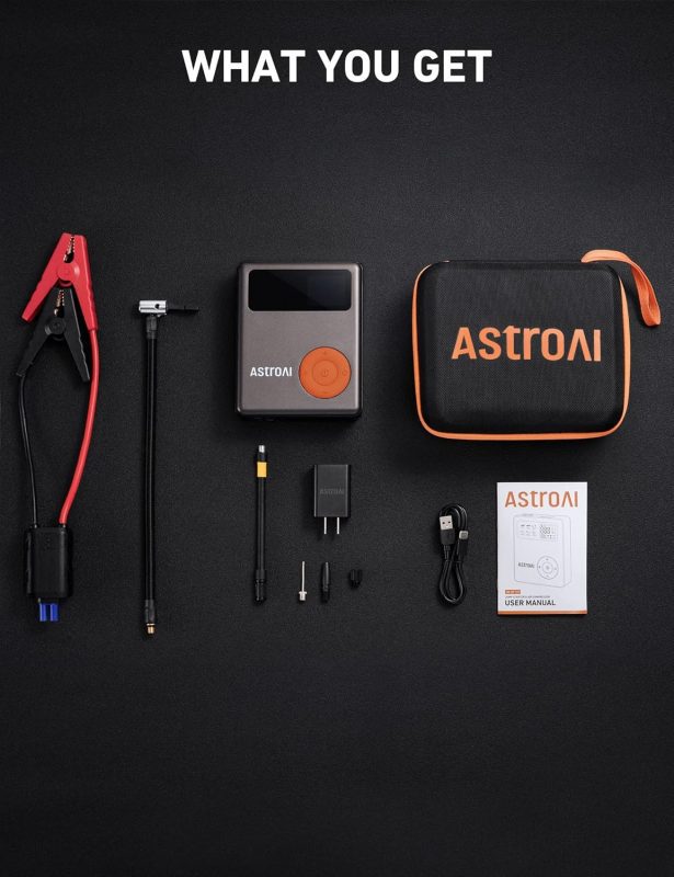 Complete set of AstroAI air compressor kit showing battery clamps, air hose, main unit, carry case, nozzles, AC adapter, USB cable, and manual