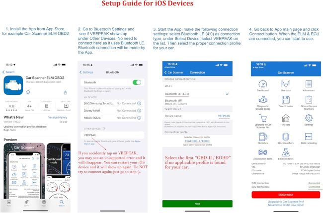 Step-by-step instruction interface for pairing Veepeak OBD2 Bluetooth adapter with Car Scanner ELM OBD2 iOS app
