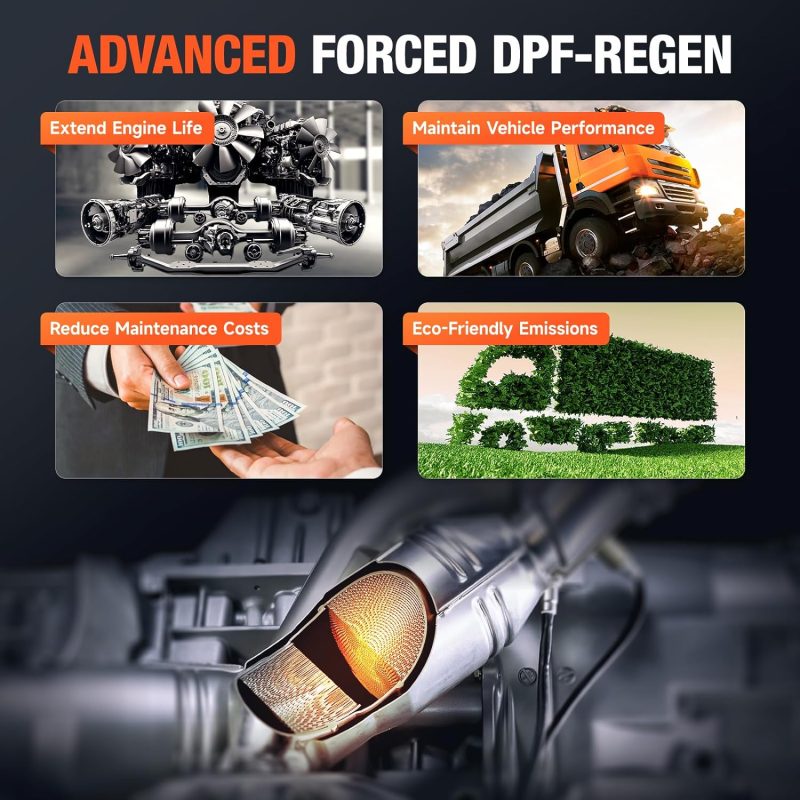 Infographic on Advanced Forced DPF-Regen showing benefits for engine life, vehicle performance, reduced costs, and eco-friendly emissions with a diesel truck scanner
