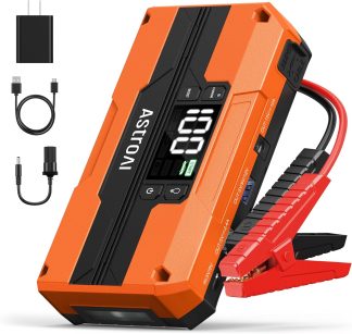 AstroAI car jump starter kit including main unit, wall charger, USB cable, 12V DC adapter, and jumper cables