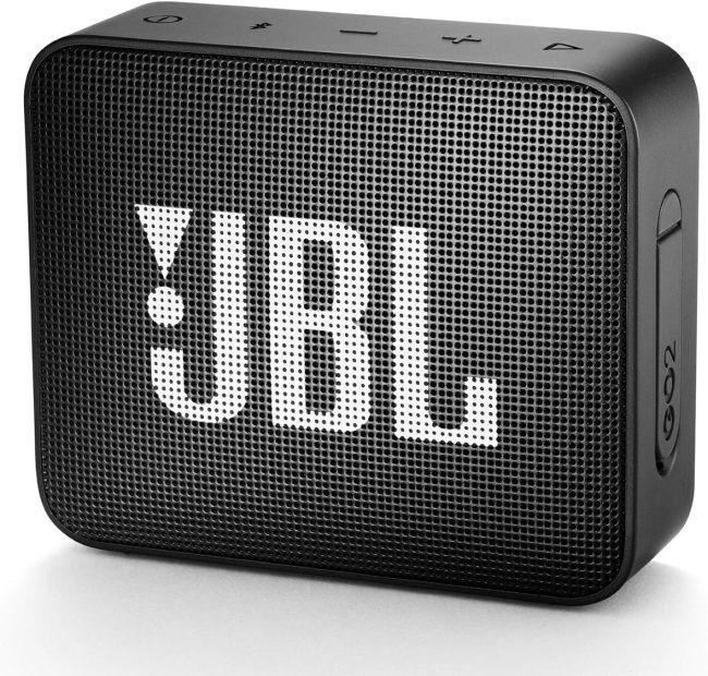 Black JBL Bluetooth speaker with rectangular shape, mesh front grille and control buttons
