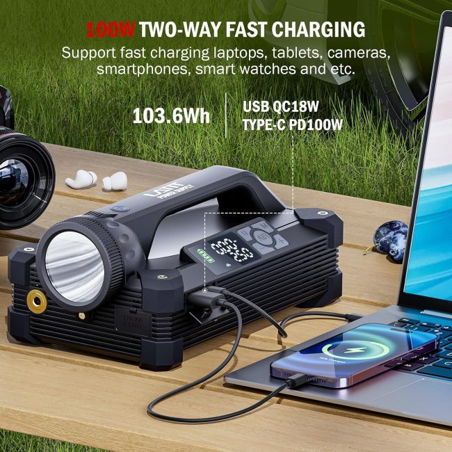 Portable power station on a wooden table, charging a smartphone and laptop, featuring USB QC18W and Type-C PD100W ports