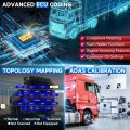 Advanced diagnostics performed by a heavy duty truck scanner tool showing ECU coding, topology mapping, and ADAS calibration