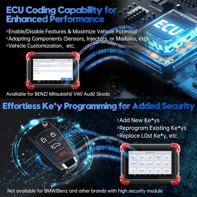 ECU coding and key programming device displaying features for BENZ, VW, Audi, and Skoda on a touchscreen interface