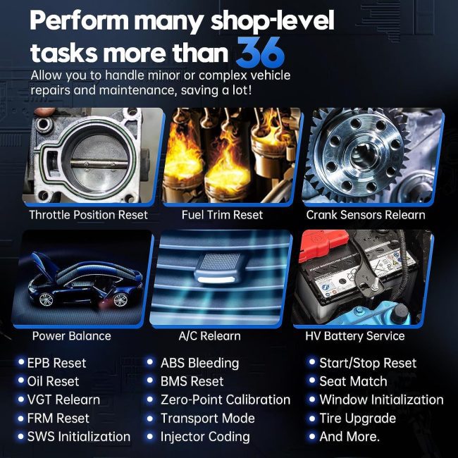 Illustration of a multifunctional automotive diagnostic tool capable of performing tasks such as Throttle Reset, Fuel Trim Reset, and more.