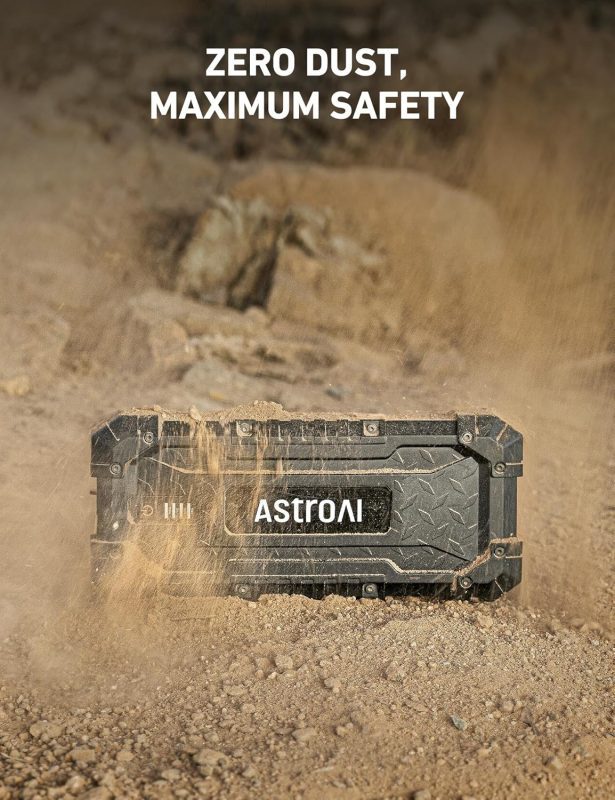 AstroAI durable object partially buried in sand with the label visible and text overhead stating 'ZERO DUST, MAXIMUM SAFETY'