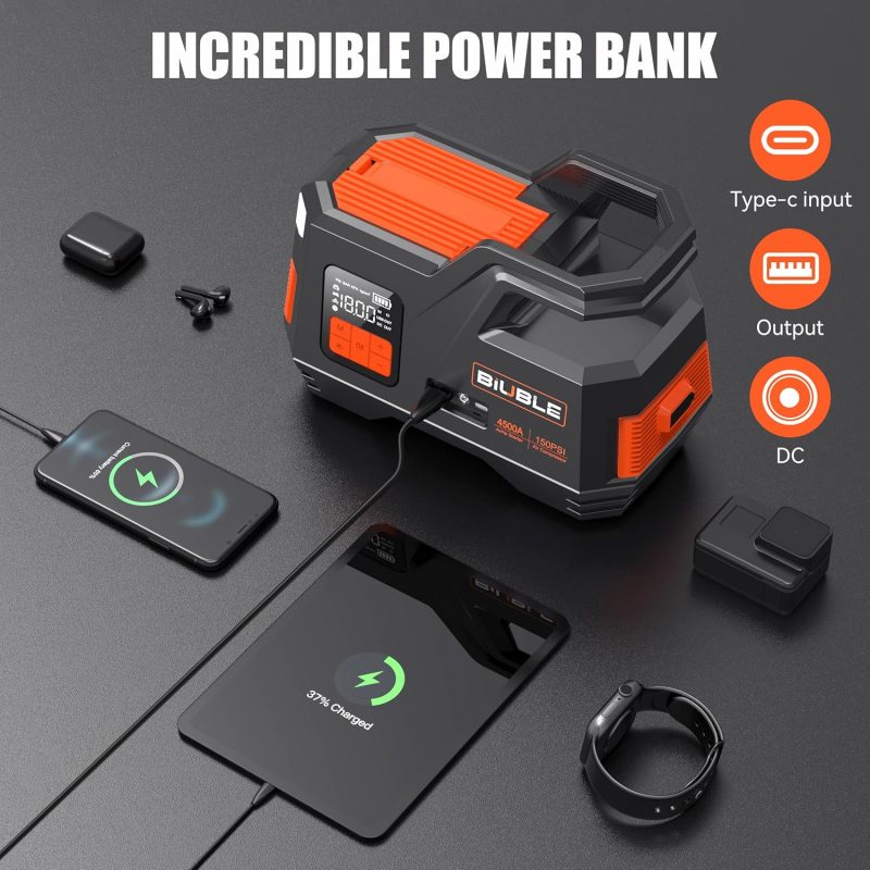 Portable Biuble power bank with 450A jump starter and tire inflator, charging a smartphone, wireless earbuds, and a fitness tracker
