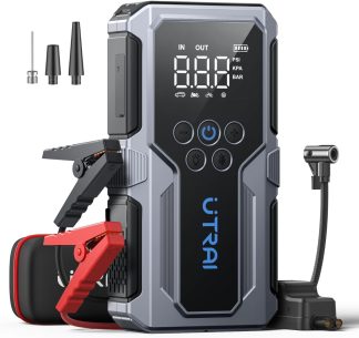 UTRAI portable car jump starter and air compressor device, equipped with digital display, multiple nozzles, and jumper cables