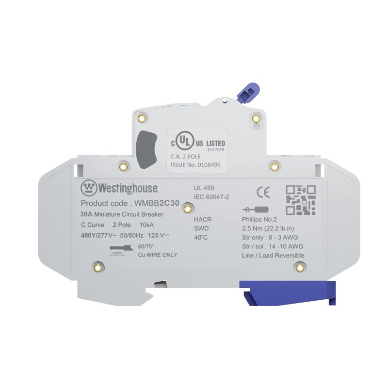 Westinghouse miniature circuit breaker WMBB2C30 with 2 poles, 30 ampere, 480Y/277V, detailed specifications shown.