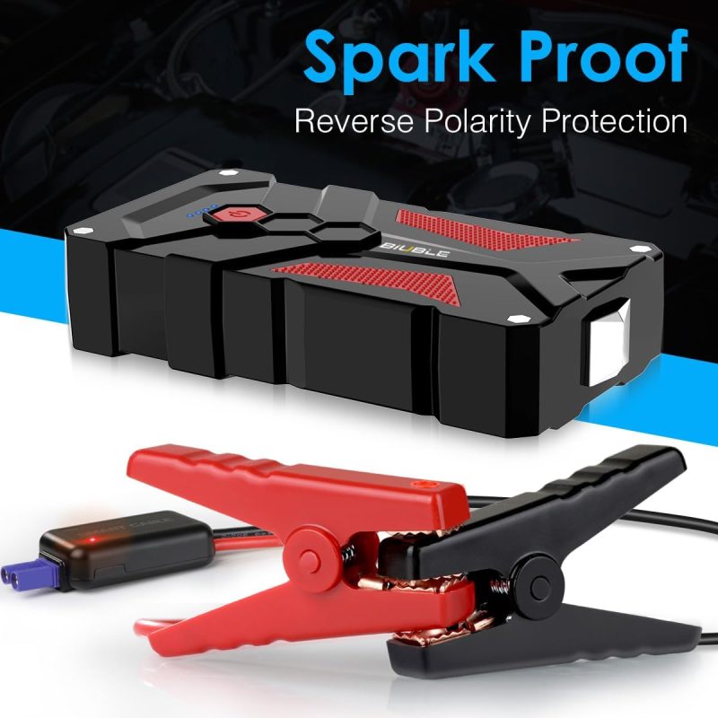 Portable car jump starter with spark-proof and reverse polarity protection, showing red and black alligator clamps