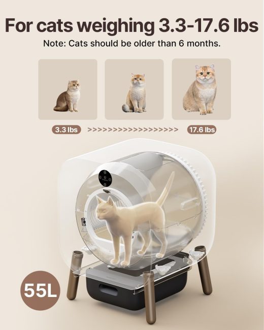 Enclosed 55-liter device for cats weighing between 3.3 and 17.6 lbs, suitable for those older than 6 months