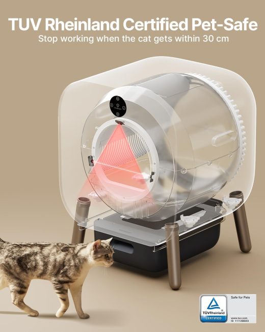 Automated cat litter box with red safety lasers and TUV Rheinland Safe for Pets certification