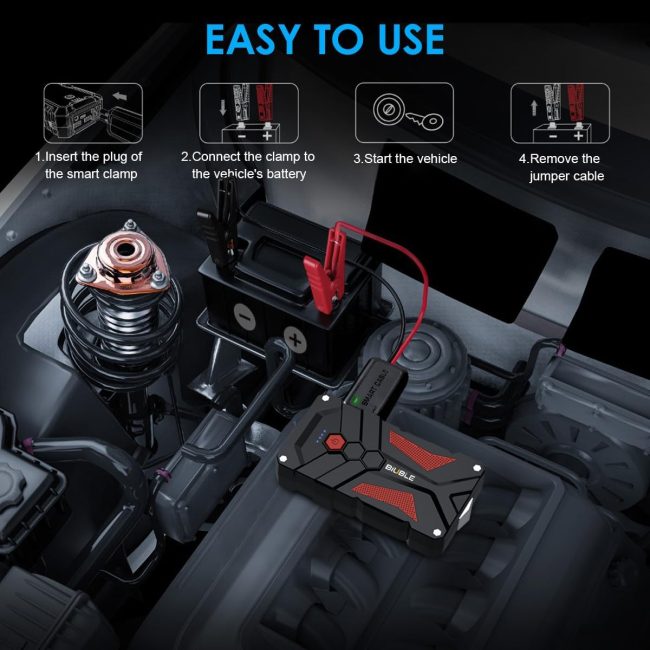 Instructional image showing how to use a vehicle jump starter with a diagram of car battery connections