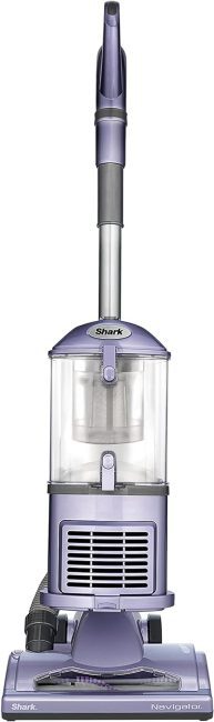 Shark Navigator bagless upright vacuum cleaner in purple with clear dust container