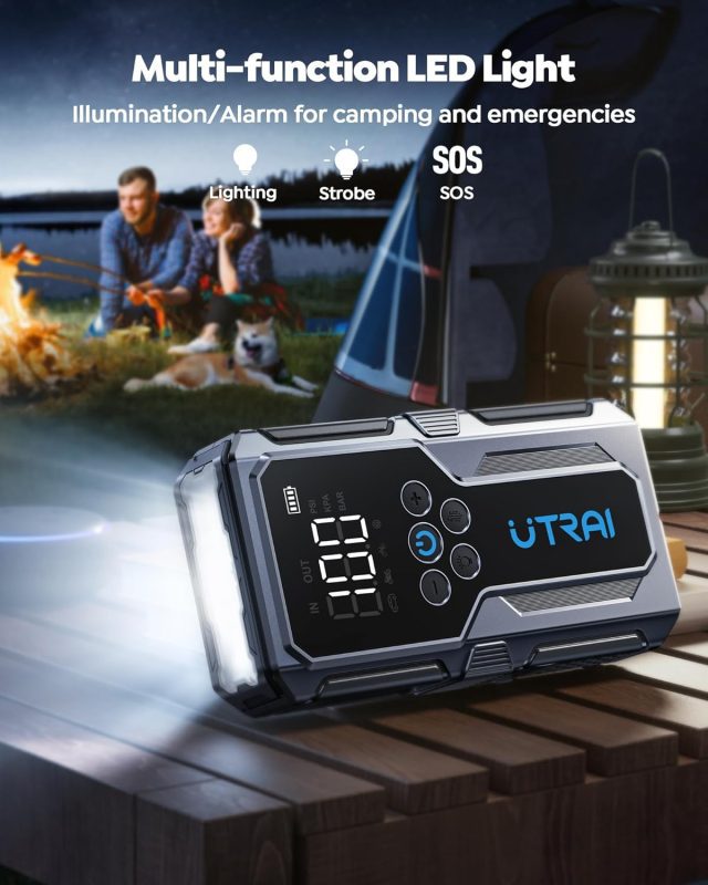 UTRAI LED light device showing Lighting, Strobe, and SOS functions at a night-time campsite with people and a dog