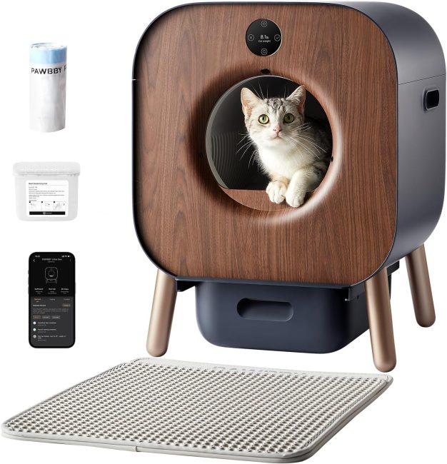 Modern automatic cat litter box with wood finish, containing accessories and a cat, displayed alongside a smartphone app