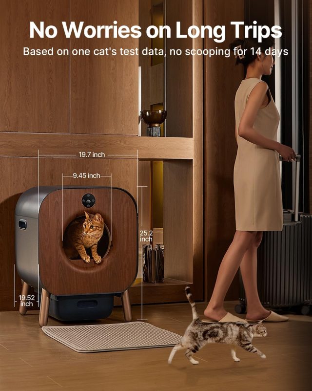 Automated cat litter box with a cat inside and dimensions displayed, next to a woman with a suitcase