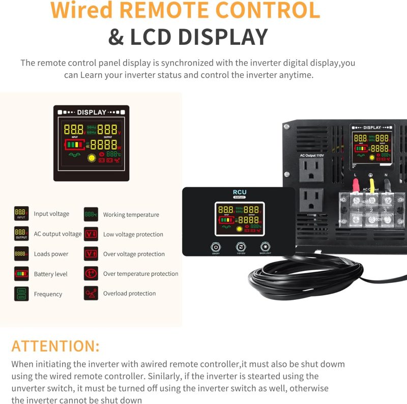 Wired Remote Control and LCD Display for Inverter showing indicators for voltage, power, frequency, temperature, and protections