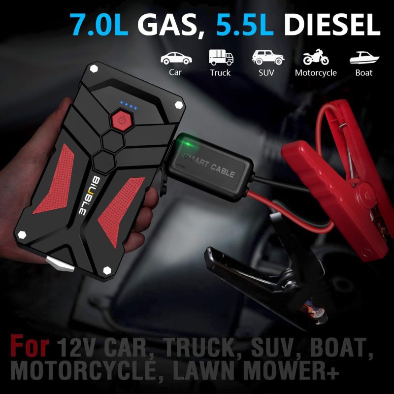 Biuble jump starter held in hand with smart cable and clamps, suitable for 7.0L gas and 5.5L diesel engines