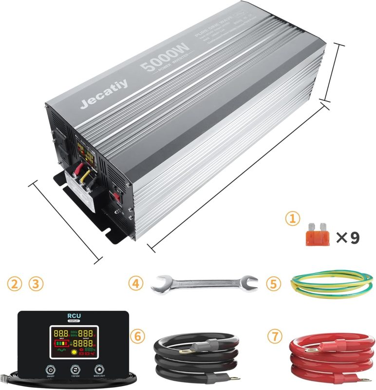 Complete setup of Jecatty 5000W Pure Sine Wave Power Inverter including fuses, remote control, cables, and accessories