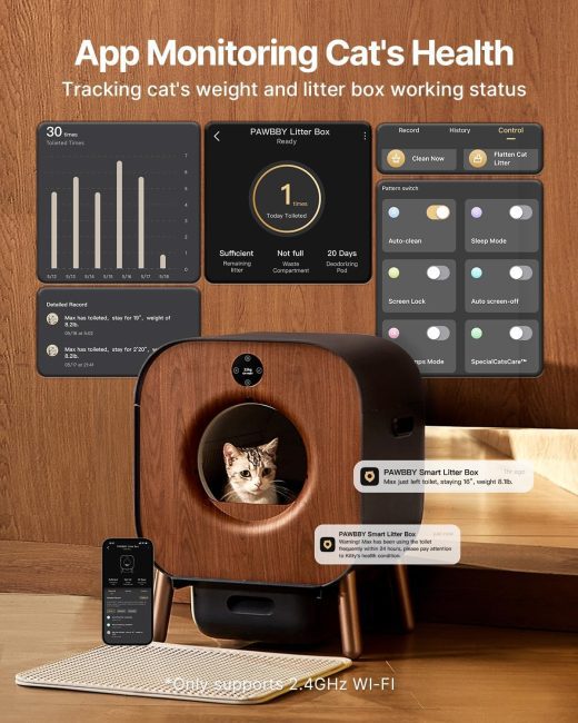 PAWBBY Smart Litter Box showcasing cat inside, interactive app interfaces for health tracking