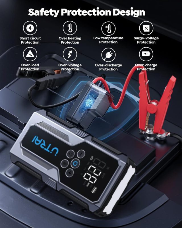 UTRAI jump starter connected to a car battery, displaying safety features like short circuit and over-heat protection on its screen