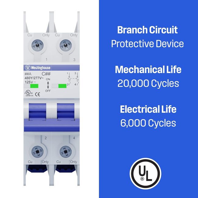 Westinghouse dual-pole circuit breaker for branch circuit protection, UL certified, rated for 480V/277V and 125V