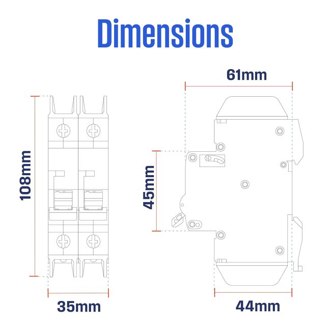 Front and side view dimensions of an electrical circuit breaker showing height, width, and depth in millimeters