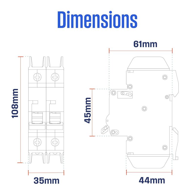 Front and side view dimensions of an electrical circuit breaker showing height, width, and depth in millimeters