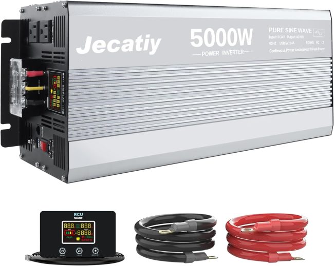 5000 watt pure sine inverter displaying input DC24V and output AC110V with accessories including remote control