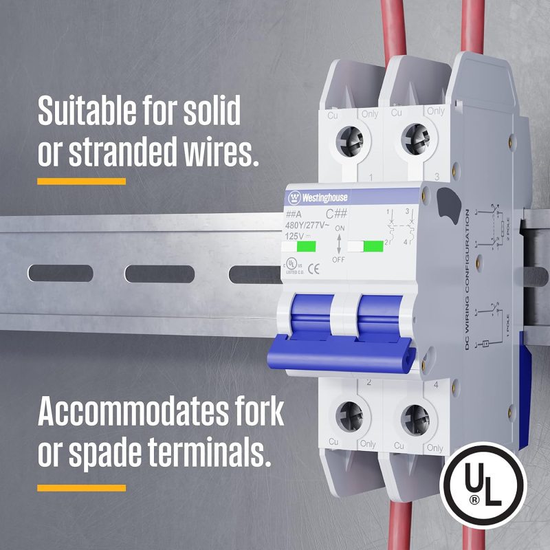 Westinghouse circuit breaker with blue levers, labeled for 480Y/277V and 125V, suitable for solid or stranded wires